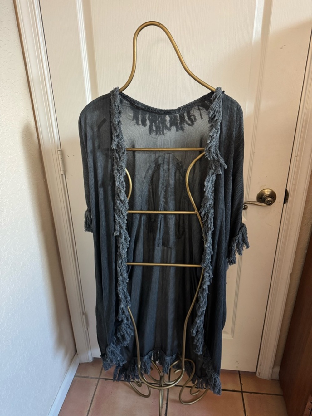 Lightweight Boho Style Gray Fringe Kimono with Peace Sign Detail